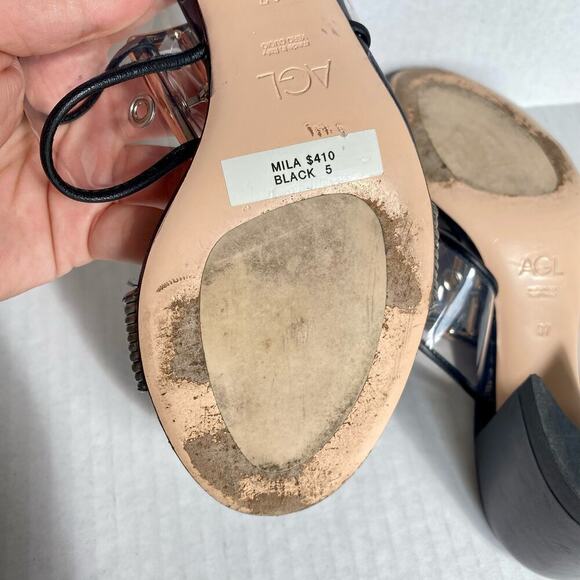 AGL Heels Mila Sandals Clear Strap Leather Black Silver Metallic Block Heel 7 37 - Picture 10 of 10